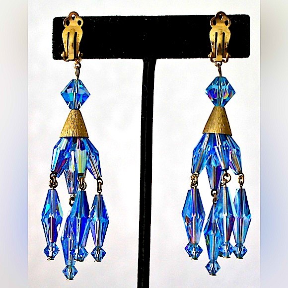 LEWIS SEGAL OF CALIFORNIA EARRINGS CLIP DANGLE BLUE AURORA BOREALIS 3.5 VINTAGE - Picture 7 of 8